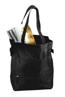 Urban Tote - 100% polyester rip-stop; pp webbing handles, straps and zipper pulls; zippered pocket in front, cinch straps on sides; bar-tacking on handles; velcro closure on top; color-blocked bottom; two exterior pockets on back of tote; large interior pocket