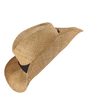 Straw Cowboy Hat - 100% raffia woven straw; removable cotton twill accent band with velcro closure; turned-down brim, no strap; interior elastic band for adjustable fit