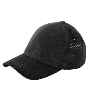 6-Panel Structured Mesh Baseball Cap - 100% polyester; 6-panel structured cap; all mesh including crown, crown button, bill, and underbill; adjustable webbing closure strap with technical buckle closure; sewn eyelets; pre-curved bill