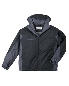 Mens Canyon Creek Jacket - 100% nylon hydroplus shell, 50% polyester/ 50% recycled polyester mesh lining; waterproof; packable; full seam sealed back mesh vent; full-front zip; attached hood; columbia logo