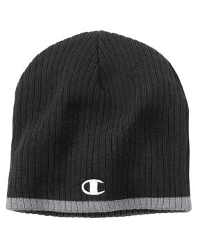 Striped Knit Beanie - Acrylic knit; champion "c" embroidered logo on the back; thin contrast stripe on bottom of knit; 8" crown and band