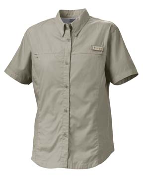 Flamingo Bay Cotton Ladies Short-Sleeve Poplin Shirt - 100% cotton ultralite poplin. garment washed and fully vented; button front with hook-and-loop tabbed collar; columbia label above left pocket; zippered front pockets on front yoke. 