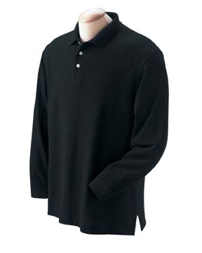 Mens Pima Piqu Long-Sleeve Polo - 100% Peruvian pima cotton. Additional yarn in collar and cuffs for a neater appearance and greater durability; three-button placket, Dura-pearl buttons; shape-keeping DuPont Lycra-ribbed cuffs; durable double-needle stitching on hem.