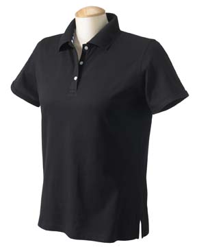 Ladies Egyptian Cotton Jersey Polo - 100% Egyptian Cotton. Softly shaped for a feminine fit; bias striped collar tape; narrow three-button placket, pearlized buttons.