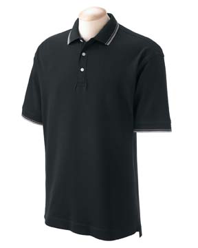 Mens Tipped Perfect Pima Interlock Polo - 100% long-staple Peruvian pima cotton interlock. Contrast tipping on collar and cuffs; stretch tape in shoulder for extra strength; three-button placket with Dura-pearl buttons; heather grey is 90% cotton, 10% polyester.