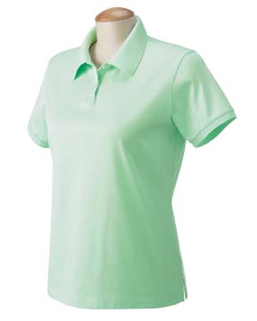 Ladies Malvern Jersey Solid Polo - The subtle sheen of mercerized 60s two-ply 100% Peruvian pima cotton distinguishes these polos from the common crowd. Details like the men's contrasting inner placket and the women's full-fashioned knit collar give you designer style at a competitive price. Yarn-dyed striped jersey inside placket and collar stand; feminine two-button placket, Dura-pearl buttons.