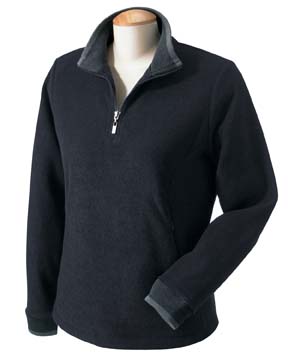 Ladies Berkshire Boucl Quarter-Zip - 70% Polyester, 30% Rayon. Heathered trim; tipped collar and cuffs; signature silver-tone zipper pull; raglan sleeves; flattering princess seams, front pockets with hidden zipper closures. 