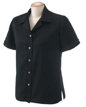 Ladies' Isla Camp Shirt - Logo-friendly, tone-on-tone fabric of 66% rayon, 34% polyester woven in a silky Bedford cord. Looks great tucked or untucked. Front bust darts for gentle shaper; side vents; rolled sleeve cuffs with side vents.
