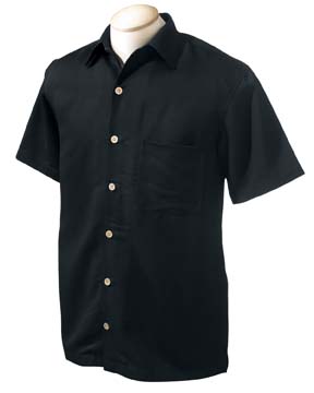 Men's Isla Camp Shirt - Logo-friendly, tone-on-tone fabric of 66% rayon, 34% polyester woven in a silky Bedford cord. Looks great tucked or untucked. Coconut buttons and laid-back island attitude; back yoke with center box pleat; open hemmed sleeves.