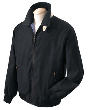 Men's Hampton Club Jacket - Peached microtwill  in 83% polyester, 17% nylon; wind and water resistant; signature striped lining and contrast color under collar; nylon-lined sleeves; inside pockets and outside zipper pockets; rib-knit trim on cuffs and bottom opening; InconspicuZip for easy embroidery access.