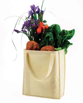 Nonwoven Grocery Tote - 100% polypropylene, 2.4 oz;  self-fabric handles with reinforced sewing; bottom insert provides solid base; self-fabric binding on seems; open main compartment offers ample storage capacity; gusseted bottom