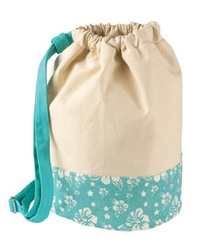 Canvas Beach Duffel - 100% cotton canvas, 14 oz; natural body with contrast bottom in hibiscus print or solid color; self-fabric matching straps; cinch top closure; inside lining; pvc bottom insert