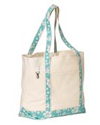 Beach Tote Bag - 100% cotton canvas, 16 oz; natural body with contrast handles and bottom in hibiscus print, camo or solid color; large main compartment with key fob and velcro closure; front pocket