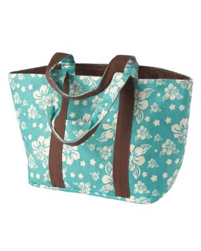 Reversible Printed Terry-Lined Tote - 100% cotton; cotton canvas print side with slash pocket; reverses to cotton terry solid with zip pocket; contrast handles