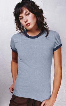 70/30 Vintage Ringer T-shirt - 70% combed cotton, 30% polyester. slim fit; 3/4" contrast binding on neck and sleeves; 7/8" bottom hem. 