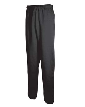 9 oz 50/50 Pants - 50% cotton, 50% polyester, 9.0 oz. light steel is 50% cotton, 40% polyester, 10% black polyester. covered elastic waistband with inside drawcord; no pockets; banded bottom cuffs with double-needle stitching.