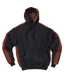 9.7 oz 90/10 Cotton Max Hooded Pullover with Side Stripes - 90% cotton, 10% polyester fleece, 9.7 oz. full athletic fit; 2x1 rib with Lycra spandex trim; v-notch at neck; woven tape across back of neck; contrast half-moon facing at back of neck; contrast sleeves and side inserts; embroidered "c" logo on left sleeve; two-ply hood with matching drawstring; front pouch pocket.