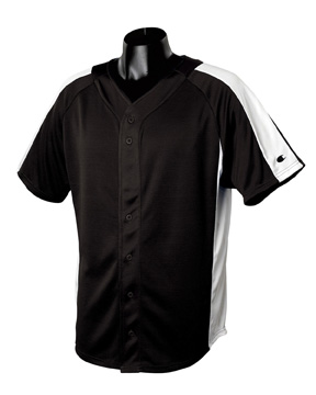 Pieced Mesh Baseball Jersey - 100% polyester interlock, 6.7 oz, 100% polyester textured mesh, 5.6 oz; pieced shoulder inserts and side panels; split-button placket; moisture management; raglan armholes; double-needle stitching on sleeves and bottom hem; "c" logo on left sleeve.