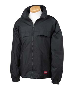 Packable Nylon Jacket - 100% nylon shell, 100% polyester lining; full-zip lightweight jacket with logo; zips into its own front pocket/storage pouch; hood zips into collar; raglan sleeve style with elastic cuffs; dwr (durable water repellent) for water resistance; polyurethane coating finish; vented front and back; access for print/embroidery; pouch has snap hook for easy carry; inside pocket