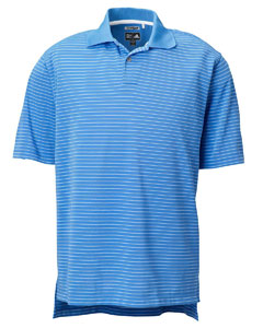 Men's ClimaLite Tech Pencil Stripe Polo - 100% polyester pique. CoolMax Active. UV and anti-microbial finish. Rib knit collar. Open-hem sleeves. Contrast adidas logo on back neck yoke. ClimaLite heat-seal logo on lower left back. Two-button placket. Sideseamed. Drop tail. Side vents.