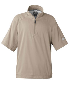 Men's ClimaProof Short-Sleeve Wind Shirt - 100% polyester, weft stretch yarn with durable water-resistant (DWR) finish. Half-zip mock neck. Flat front with elastic back waistband. On-seam zip pockets. Raglan sleeves with contrast embroidered adidas performance logo on left sleeve. Contrast embroidered 3-Stripes on back collar. ClimaProof heat-seal on back neck yoke. Arms-up construction for freedom of movement. Lightweight stretch woven fabric is wind-resistant and water-resistant to 600mm.