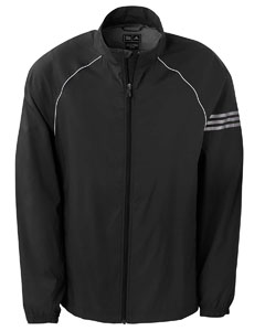 Men's ClimaProof 3-Stripes Full-Zip Jacket - 100% polyester, weft stretch yarn with durable water-resistant (DWR) finish. Full-zip. Flat front with elastic back waistband. Elastic cuffs. On-seam zip pockets. Silver 3-Stripes print on left sleeve. Raglan sleeves with piping detail. Contrast embroidered adidas performance logo on back neck. ClimaProof heat-seal on lower left hem. Arms-up construction for freedom of movement. Stretch woven fabric is wind-resistant; water-resistant to 600mm.