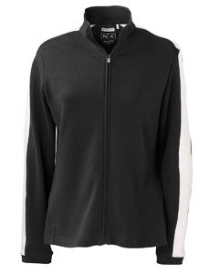 Women's ClimaLite Full-Zip Jacket - 84/10/6 cotton/poly/Lycra with hydrophilic and Teflon finish. Rib knit cuffs. Self-mock neck. Open-bottom hem. Contrast adidas logo on back neck. ClimaLite woven label on lower left sideseam. Set-in sleeves.