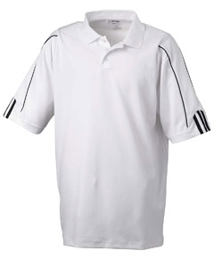 Men's ClimaLite 3-Stripes Cuff Polo -- Arriving Early 2010 - 100% polyester. Essential moisture management pique wicks moisture away from the skin for quick evaporation, keeping the wearer dry and comfortable. Self-fabric collar. Open-hem sleeves and hem bottom. Side vents. Contrast 3-Stripes detail on sleeves. Silver adidas heat-seal logo on back neck. Three-button placket.
