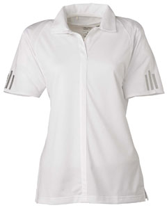 Women's ClimaLite 3-Stripes Cuff Polo - 100% polyester. Essential moisture management pique wicks moisture away from the skin for quick evaporation, keeping the wearer dry and comfortable. Self-fabric collar. Open-hem sleeves and hem bottom. Side vents. Contrast 3-Stripes detail on sleeves. Silver adidas heat-seal logo on back neck. One-button placket. Full front seam placket detail.
