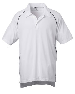 Men's Piped Colorblock Polo - 100% polyester. Essential moisture management pique wicks moisture away from the skin for quick evaporation, keeping the wearer dry and comfortable. Three-button placket. Self-fabric collar. Contrast piping on open-hem raglan sleeves. Sideseamed. Open-bottom hem. ClimaLite heat-sealed logo on bottom left side. adidas heat-sealed logo on back neck.
