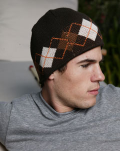Reversible Beanie - Reversible knit beanie. Custom stripe on outer side; either argyle or camp inside. Acrylic knit fabric.
