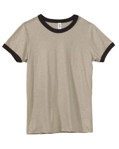 Women's Heather Jersey Ringer T-Shirt - 4.2 oz., 50/50 combed ringspun cotton/poly. A vintage-looking style with a heathered body and contrast ringer binding on sleeves and neckline. Super soft baby jersey knit. Sideseamed. Set-in sleeves.