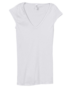 Women's Tori Sheer Rib Cap-Sleeve Deep V-Neck T-Shirt - 4 oz., 98/2 combed ringspun cotton/spandex sheer mini rib knit. Deep V-neck. Slim body. Mini capped, set-in sleeves. Sideseamed. Longer body length.