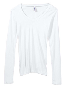 Women's Andrea Sheer Rib Long-Sleeve Longer-Length V-Neck T-Shirt - 4 oz., 98/2 combed ringspun cotton/spandex sheer mini rib knit. Great for layering or low-rise bottoms. Features a longer body length and slim fit. Sideseamed. Set-in sleeves.