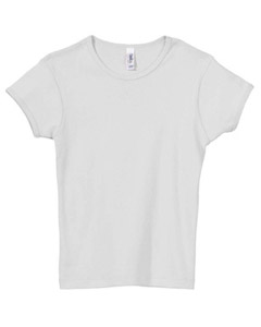Girl's 1x1 Baby Rib Crew Neck T-Shirt - 5.8 oz., 100% combed ringspun cotton. Contoured fit and cap sleeves. Super soft 1x1 baby rib knit. Sideseamed. Set-in sleeves.