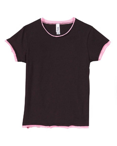 Girl's Jersey 2-In-1 T-Shirt - 4.2 oz., 100% combed ringspun cotton. Get the layered look all in one garment. Top and bottom layers have raw edge seams. Super soft baby jersey knit. Sideseamed. Set-in sleeves.