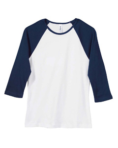 Women's 1x1 Baby Rib 3/4-Sleeve Contrast Raglan T-Shirt - 5.8 oz., 100% combed ringspun cotton. Perfect backdrop for any embellishment. Offers a splash of color with contrast raglan sleeves and neck binding. Super soft 1x1 baby rib knit. Sideseamed.