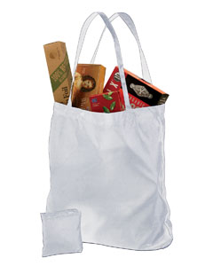 Pocket Stuffer Shopper - 100% polyester. Bag stuffs into an integrated pocket. Unstuff and the pocket becomes a hanging pocket on the inside. Two handles. 15 1/2"W x 16 1/2"H.