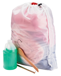Polyester Laundry Bag - 210-denier polyester. Large main compartment. Polyester drawstring cord with plastic cord lock makes it easy to cinch the bag closed. Bag zips into a pocket on the front of the bag. Metal zipper. Gusseted bottom. 23"W x 28"H.