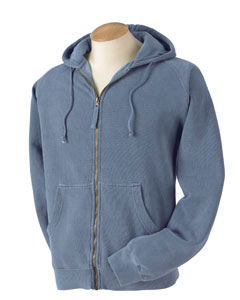 Pigment-Dyed Full-Zip Hoodie - 10 oz., 100% combed ringspun cotton. Preshrunk, soft-washed, garment-dyed fabric. Jersey-lined hood with matching drawcord. Sideseamed body with double-needle stitching. Front pouch pocket. 1/4" coverlock stitching. Antique brass zipper with cotton twill herringbone pull. 2x1 rib on cuffs and relaxed waistband.
