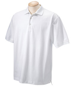 Men's Performance Plus Jersey Polo - 20 singles, 100% combed cotton jersey. No-pill, no-fade, no-shrink, no-curl collar performance. Dyed-to-match three-button placket. Signature striped neck tape. Flat-knit collar and cuffs.