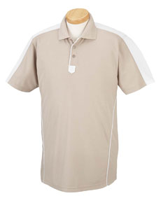 Men's Piped Technical Performance Polo - 100% polyester micro pique. Moisture wicking for cool comfort. Wash-and-wear functionality reduces shrinking and resists fading. Contrast shoulders and contrast piecing at base of dyed-to-match three-button placket. Curved contrast piping at the sides. Open sleeves and bottom side vents with reinforced bartacks. Single-needle stitching throughout.