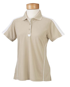 Women's Piped Technical Performance Polo - 100% polyester micro pique. Moisture wicking for cool comfort. Wash-and-wear functionality reduces shrinking and resists fading. Contrast shoulders and contrast piecing at base of dyed-to-match three-button placket. Curved contrast piping at the sides. Open sleeves and bottom side vents with reinforced bartacks. Single-needle stitching throughout. Narrower placket and gently shaped for a feminine fit.