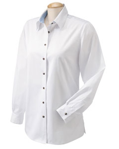 Women's Performance Plus Twill - 100% combed cotton. Premium DuPont Teflon treated. Releases wrinkles and spills. Imitation horn-style buttons. Contrasting oxford inner collar and yoke. Adjustable cuffs. Front and back darts for a flattering fit. Spread collar.