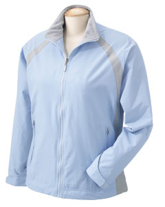 Women's Capstone Colorblock Jacket - Water- and wind-resistant, 100% nylon taslon shell with polyester microfleece lining on inside collar and body. Adjustable half elastic cuffs with Velcro tabs and drawcord hem. Zippered front pockets with brushed tricot lining. Inside hidden media pocket and an identity tag at inside hem. InconspicuZip for easy embroidery. Platinum lining.