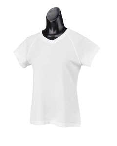 Women's Double Dry Performance T-Shirt - 4 oz., 100% polyester single knit jersey with Double Dry moisture wicking finish. Self-fabric collar and neck tape. Wicks moisture away from the body and helps control moisture build-up. Tagless. Self-fabric V-neck.