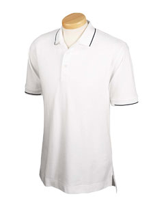 Men's Pima Pique Short-Sleeve Tipped Polo - 100% Peruvian Pima cotton. Three-button set-in placket with Dura-Pearl buttons. 1x1 flat-knit rib tipped collar and tipped cuffs. Additional yarn in collar and cuffs for a neater appearance and greater durability. Stretch tape in shoulders for extra strength.