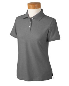 Women's Recycled Pima Melange Pique Polo - 55/45 recycled cotton/recycled poly. Taped neck. Three-button set-in placket with Dura-Pearl buttons. 1x1 flat-knit rib collar and cuffs. Trapezoid sweat catch. Double-needle bottom hem. Side vents. Gently-shaped, feminine fit. Melange Red and Navy Melange are 60% recycled cotton, 40% recycled polyester; Bio White Melange is 50% recycled cotton, 50% recycled polyester.