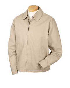 Men's Organic Cotton Club Jacket - 100% certified organic cotton chino twill, washed and "peached" for a soft, inviting finish. Enzyme sand garment washed for relaxed look. Cotton poplin body lining and nylon taffeta sleeve lining. Adjustable snap-cuff closure. Elastic at side waistband for comfortable fit. Large welt hand pockets. Inside storm flap with zig-zag accent stitching to keep wind out. Two inside pockets. Double-needle stitching on all seams. Metal center front-zip. Contrast color under collar, collar band and center front facing.