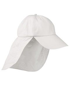 Extreme Outdoor Cap - 70/30 cotton/nylon. 6-panel. Low-profile. Treated with a DuPont Teflon water- and stain-repellent coating. Rayosan treated to reflect UV rays (UPF 45+). Terry cloth sweatband. Matching fabric lining behind front panel for easy embroidery. Sewn eyelets. Adams exclusive Cool-Crown mesh lining. Visor length is 3 3/4" for added sun protection for your face. Green undervisor to reduce sun glare. Neck cape with patented zipper pocket. Metal clip attaches to collar and a cord system with a barrel lock to adjust sizing.